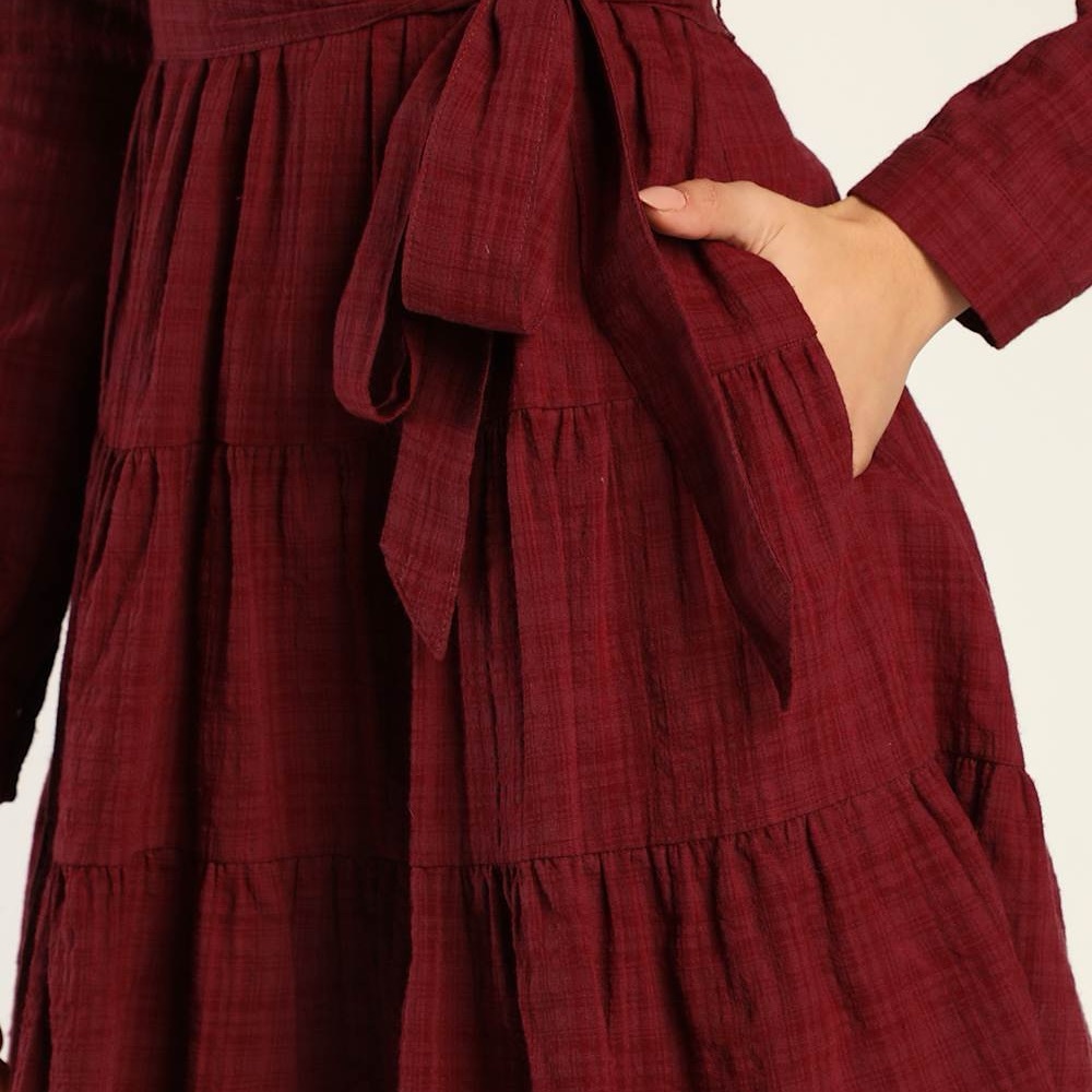 LULUS Autumn Adoration Wine Red Plaid Long Sleeve Dress With Pockets Size Small - Picture 3 of 10